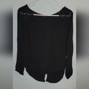Ambiance sheer black blouse High low with back slit lace shoulders Top